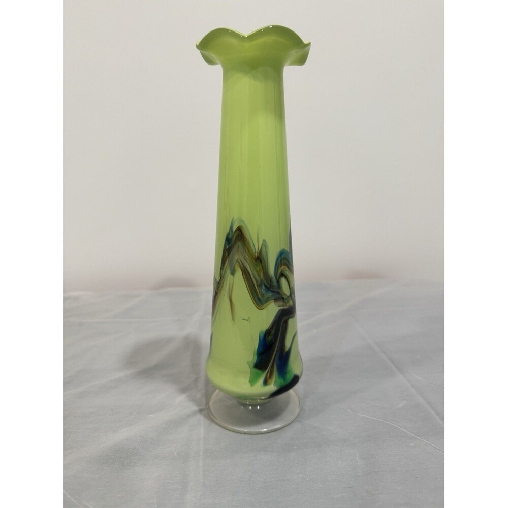 Tall Hand Blown Art Glass Vase Green Swirl Trumpet Rim Studio Glass Modern